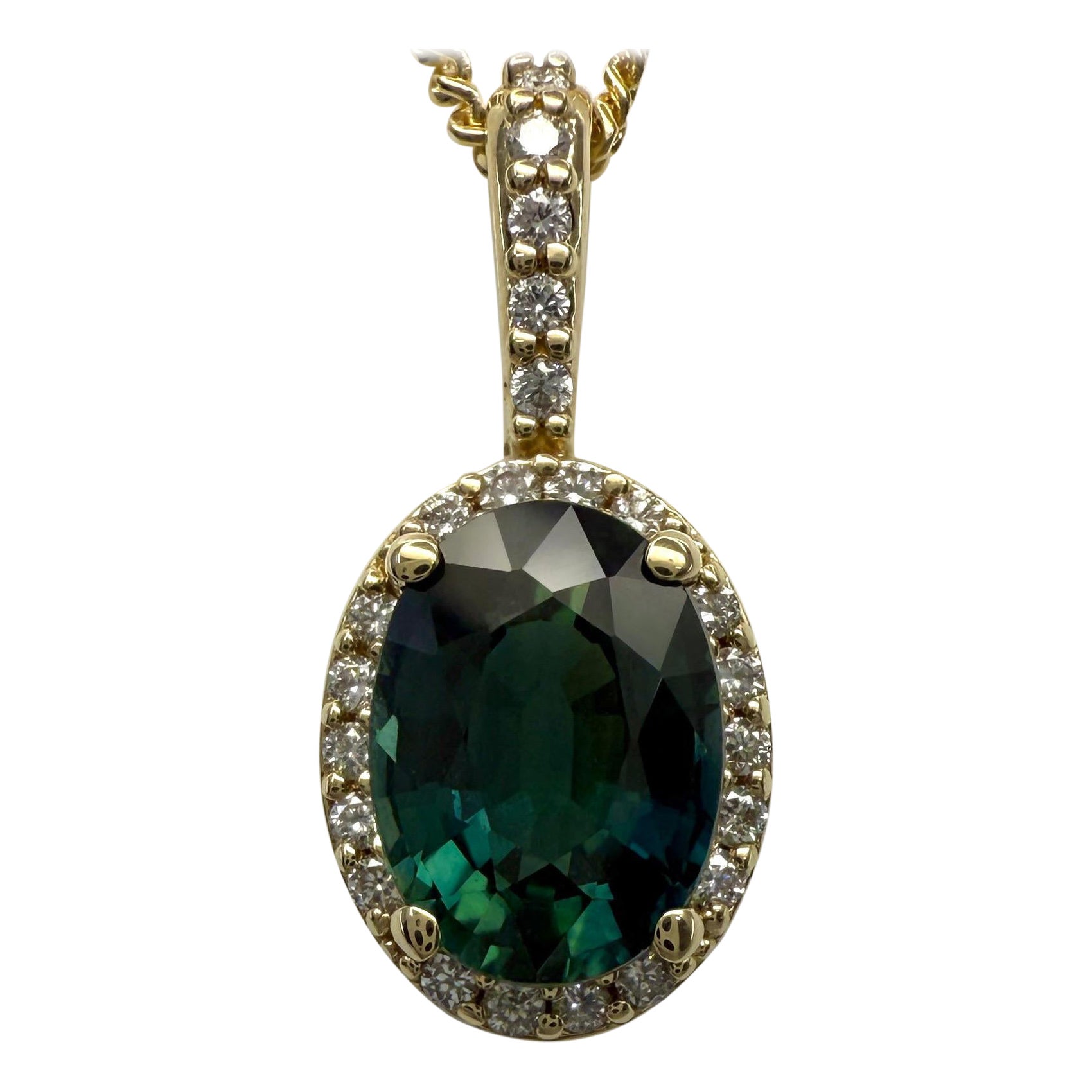1.30ct Australian Blue Green Sapphire 14k Yellow Gold Diamond Halo Pendant