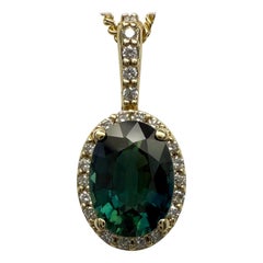 1.30ct Australian Blue Green Sapphire 14k Yellow Gold Diamond Halo Pendant