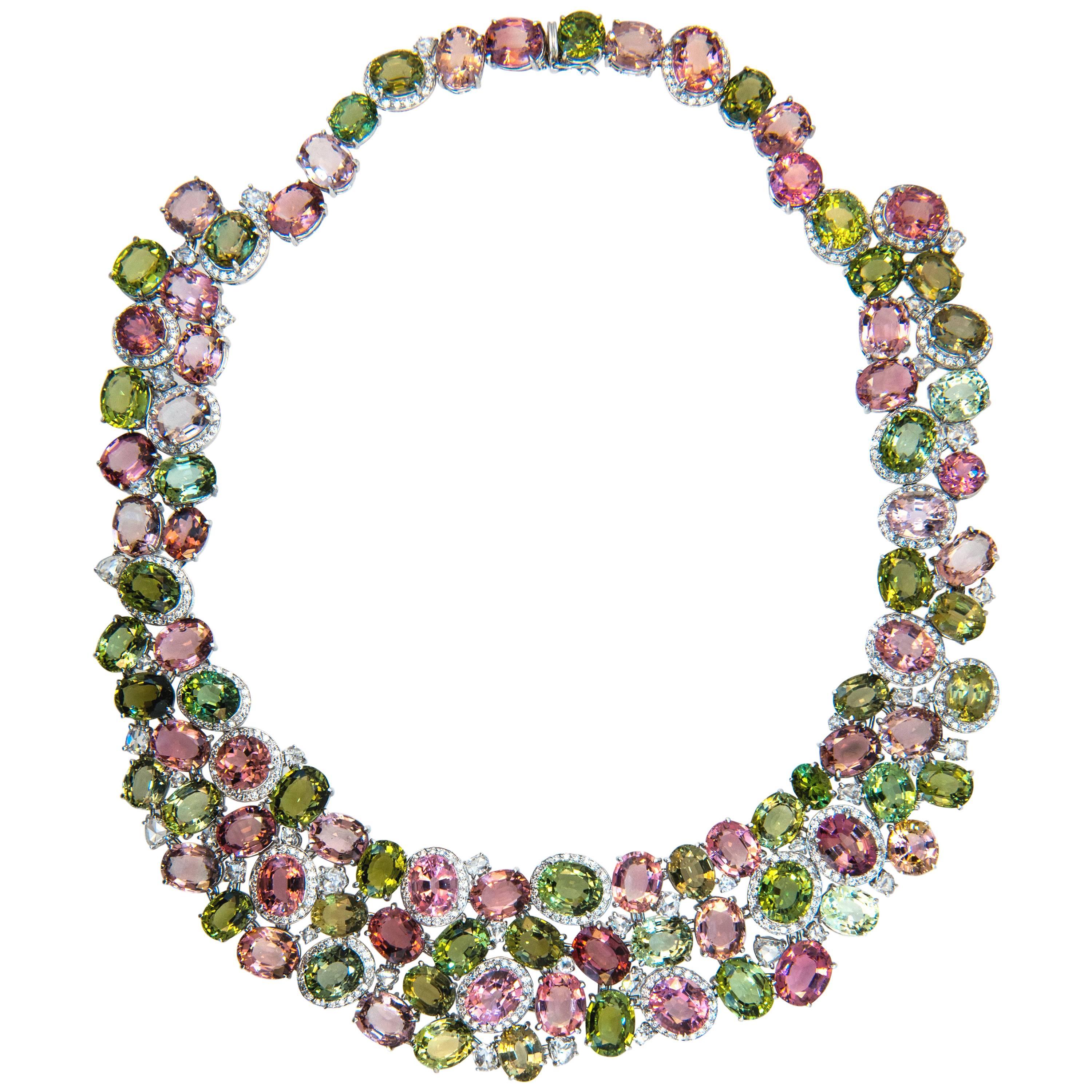 Laura Munder Pink Green Tourmaline Diamond Necklace For Sale