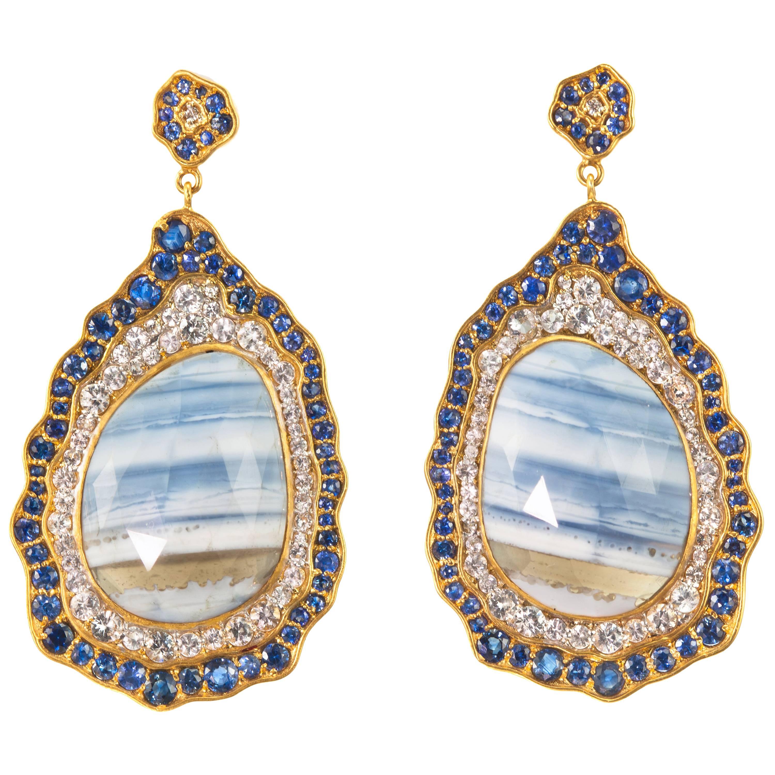Striped African Opal Blue and White Sapphires Gold Statement Earrings