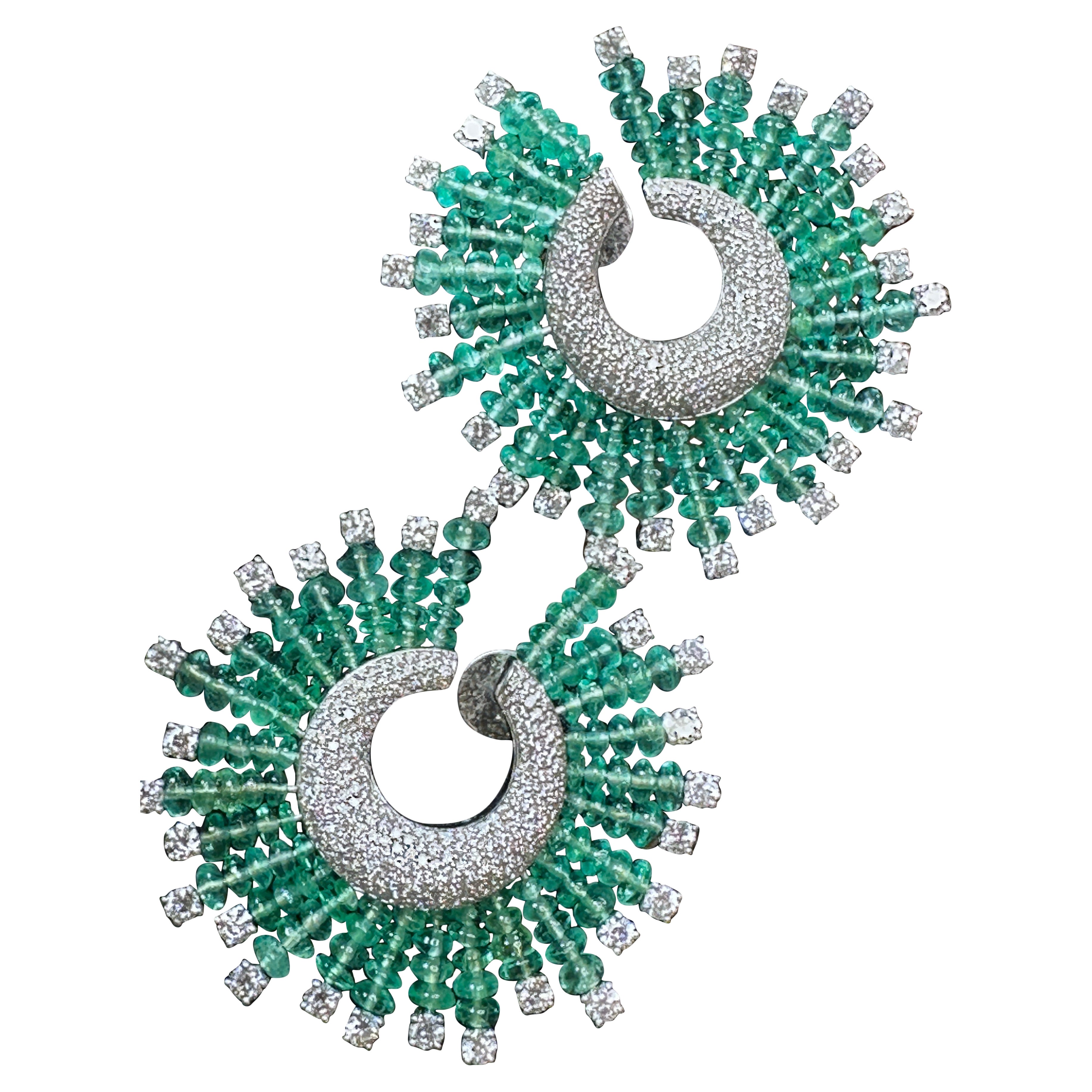 Set in 18K Gold, natural Zambian Emerald Beads & Diamonds Stud Hoop Earrings
