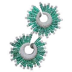 Set in 18K Gold, natural Zambian Emerald Beads & Diamonds Stud Hoop Earrings