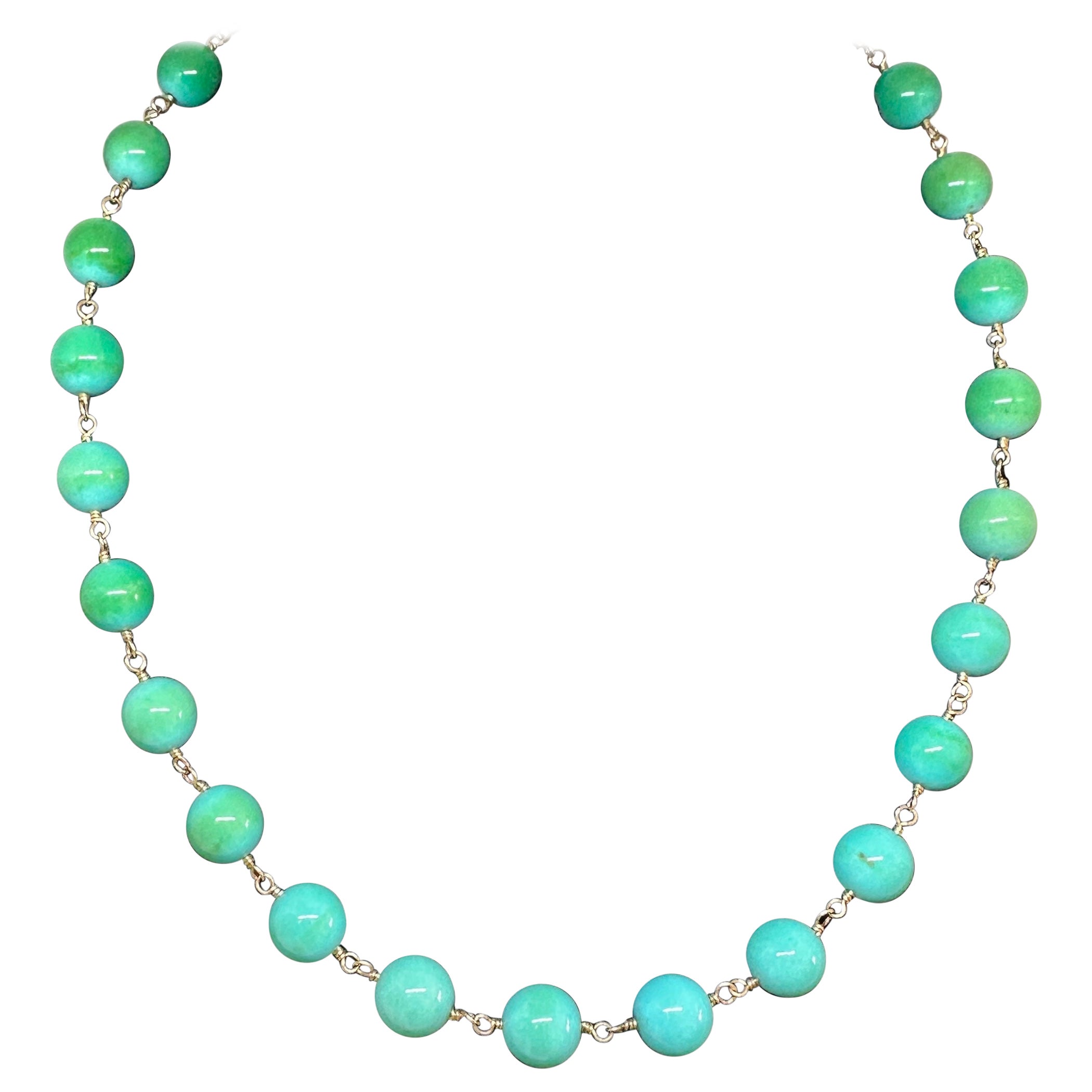 Collana di turchesi persiani in oro giallo 14 carati con perline da 10 mm, 19 pollici, antica e rétro