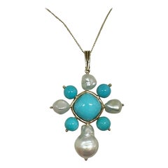 Persian Turquoise Pearl Pendant Necklace 14 Karat Yellow Gold Antique Retro