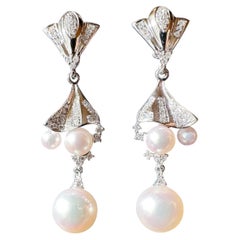 Japan Akoya Pearl Multiple Wear Long Drop Pearl Earrings 18K White Gold Diamond