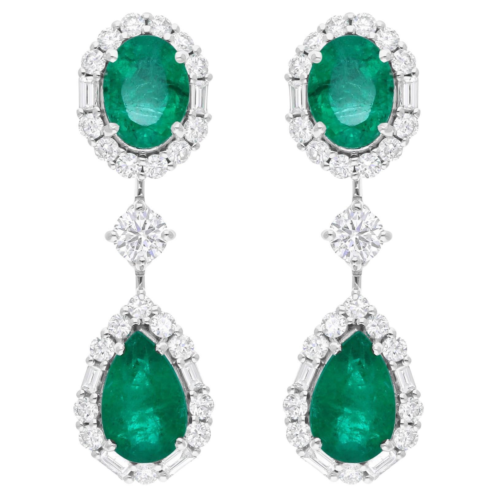 4.66 Carat Zambian Emerald Dangle Earrings 1.73 Ct SI/H Diamond 18k White Gold