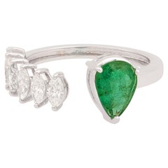Esmeralda Natural Pera Anillo Puño Diamante Marquesa Joyería de Oro Blanco 14k