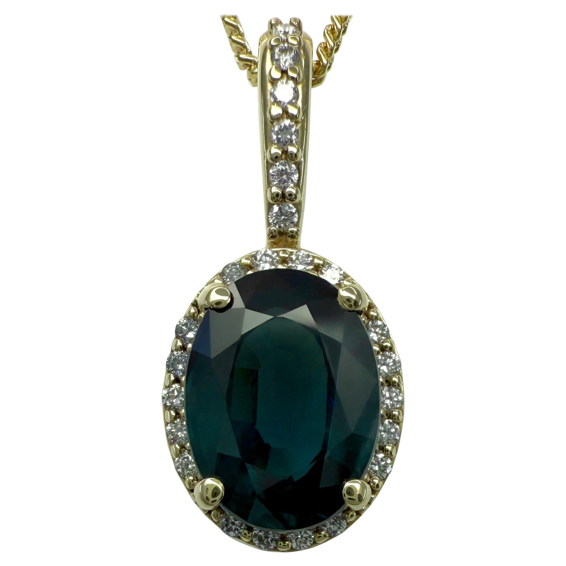 1.86ct Deep Teal Blue Sapphire & Diamond 14k Yellow Gold Halo Pendant Necklace