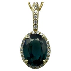 1.86ct Deep Teal Blue Sapphire & Diamond 14k Yellow Gold Halo Pendant Necklace
