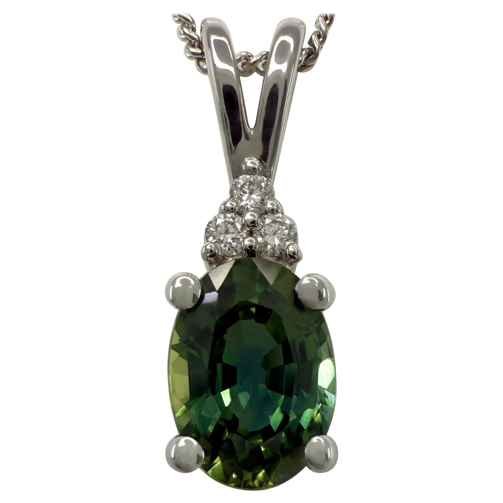 1.03ct Vivid Green Oval Cut Sapphire And Diamond 14k White Gold Pendant Necklace