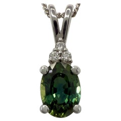 1.03ct Vivid Green Oval Cut Sapphire And Diamond 14k White Gold Pendant Necklace