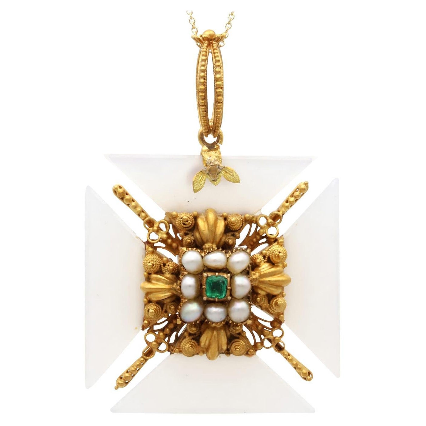 Antique 0.28 Carat Emerald, Agate, Pearl and 21k Yellow Gold Pendant Circa 1830
