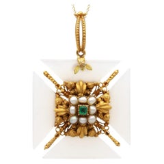 Antique 0.28 Carat Emerald, Agate, Pearl and 21k Yellow Gold Pendant Circa 1830