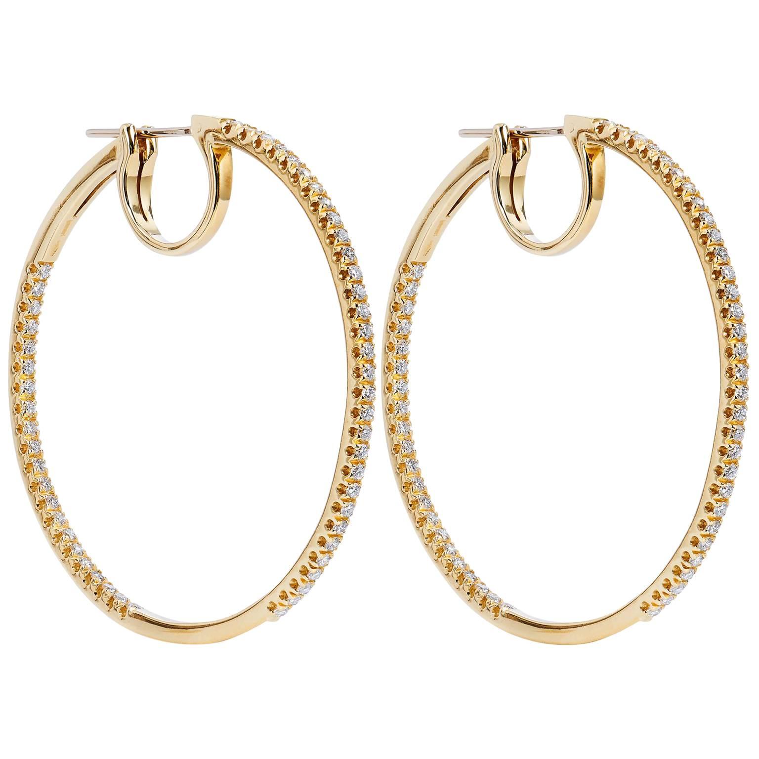 1.75 Carat Diamond 18 Karat Yellow Gold Italian Hoop Earrings