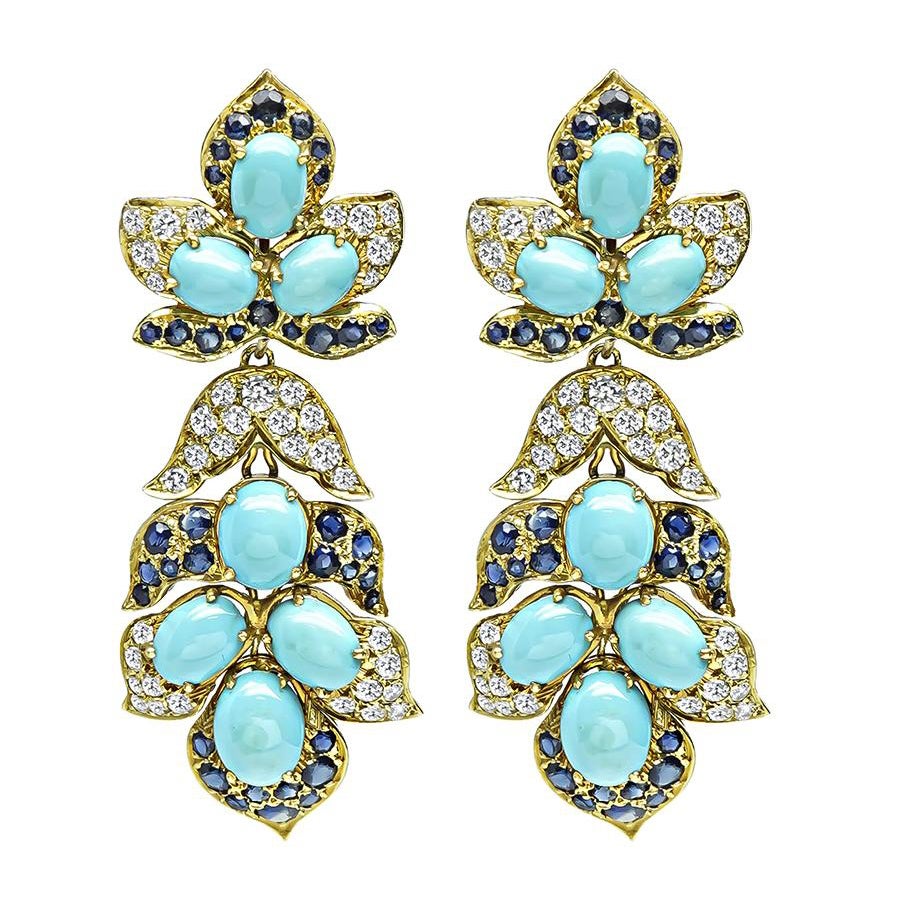 Turquoise 3.50ct Sapphire 2.75ct Diamond Day and Night Earrings