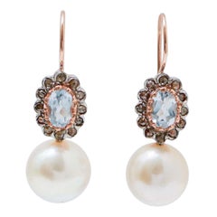 Aquamarine Colour Topaz, Diamonds, Pearls, Rose Gold and Silver Earrings.