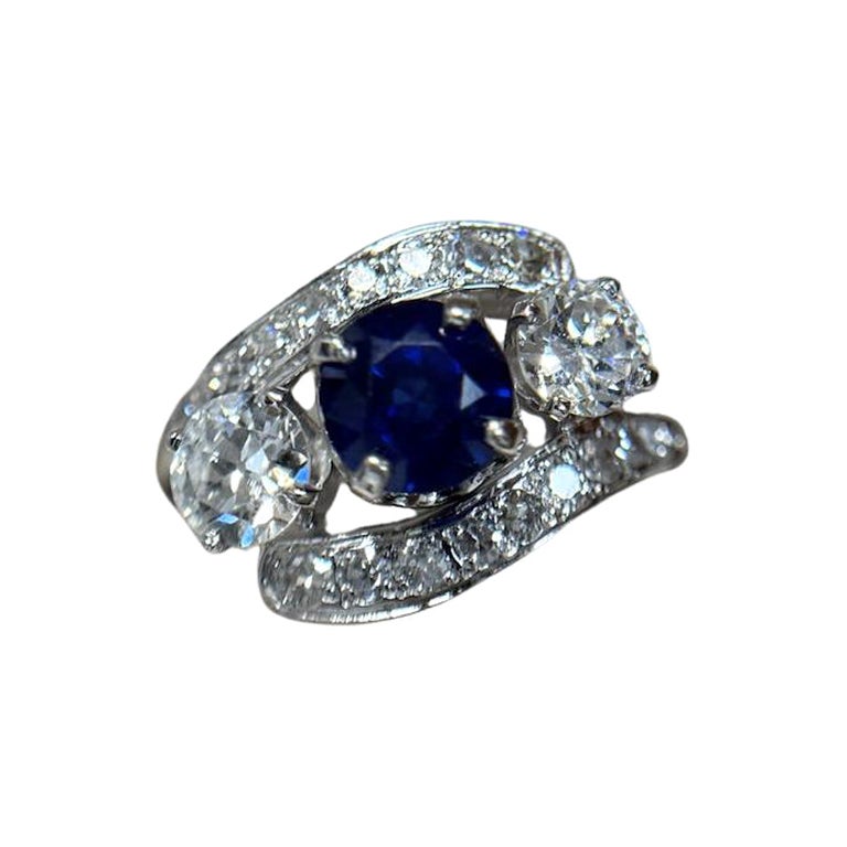 Anello Estate a 3 pietre con zaffiro naturale e diamante (G-H/SI) in platino, misura 9,25