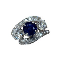Anello Estate a 3 pietre con zaffiro naturale e diamante (G-H/SI) in platino, misura 9,25
