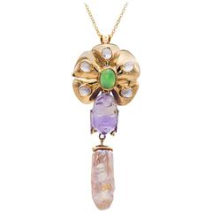 Amethyst Buddha, Fresh Water Pearl, Gold, Moonstone and Chrysophrase Pendant 4
