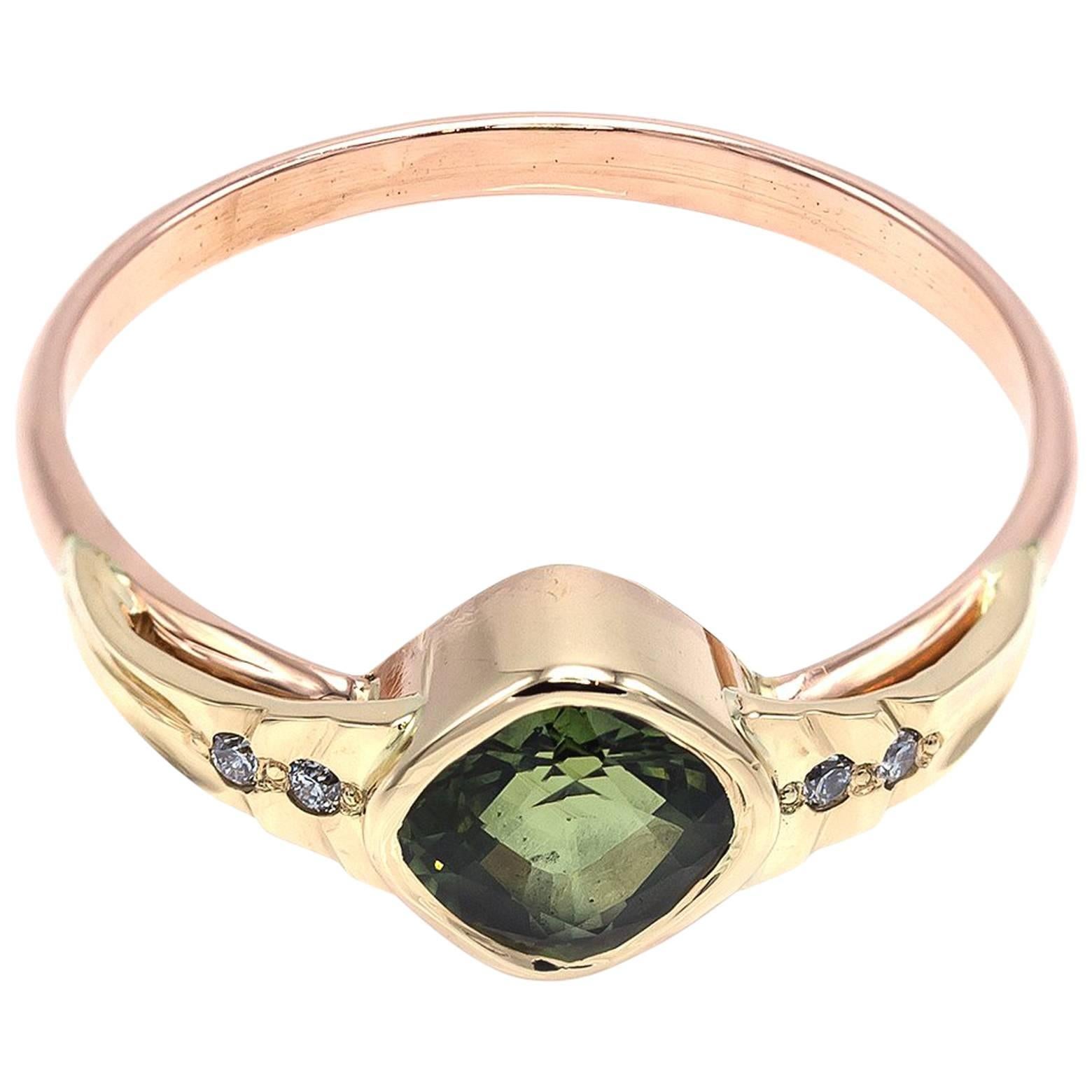 Green Sapphire Cushion Shape Ring with Four White Accent Diamonds Rose Gold