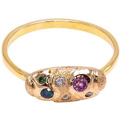 Pink Sapphire, Green Blue and White Diamond Ring in 14 Karat Yellow Gold 12