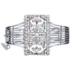3.94 Carat Old Mine and Old European Diamond Platinum and Gold Cuff Bracelet