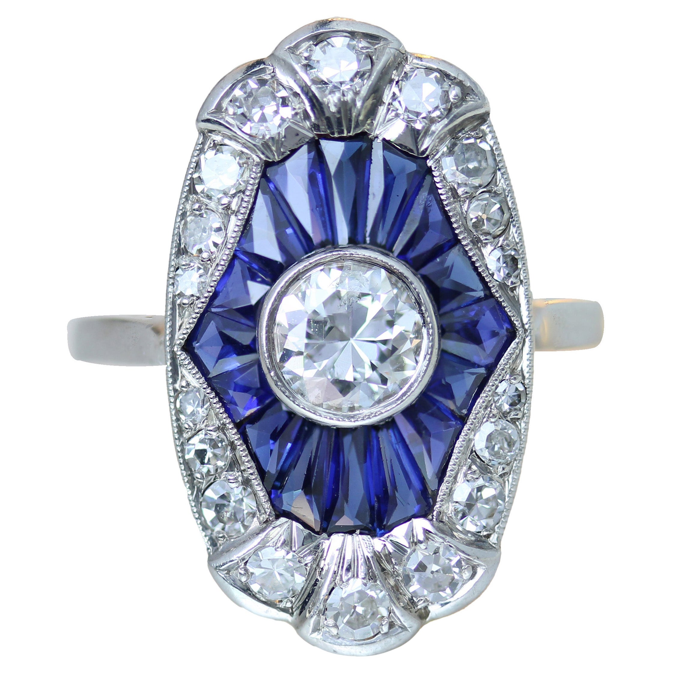 French 1930s Art Deco Calibrated Sapphires Diamonds Platinum Ring