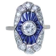 French 1930s Art Deco Calibrated Sapphires Diamonds Platinum Ring