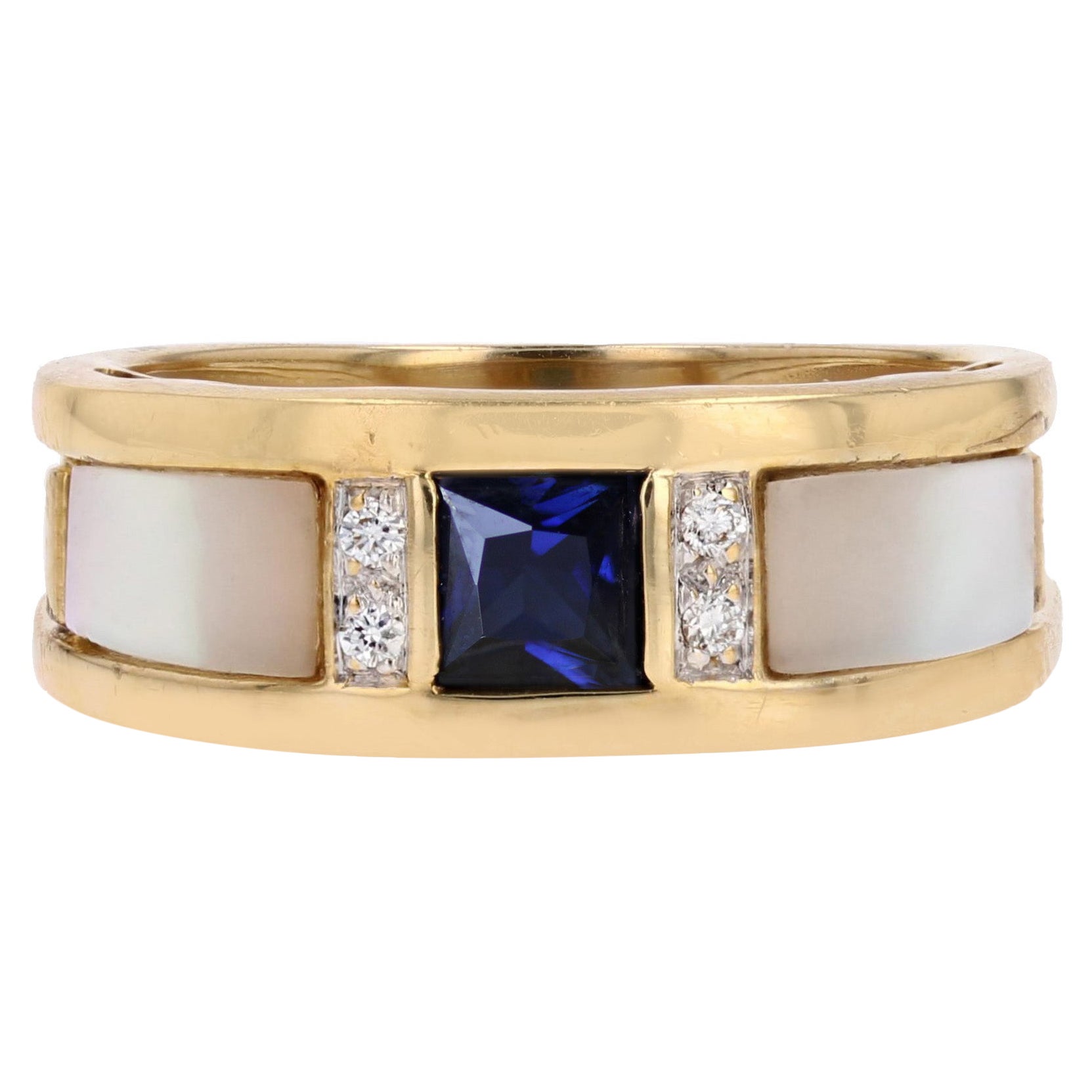 Modern Sapphire Mother of Pearl Diamonds 18 Karat Yellow Gold Bangle Ring