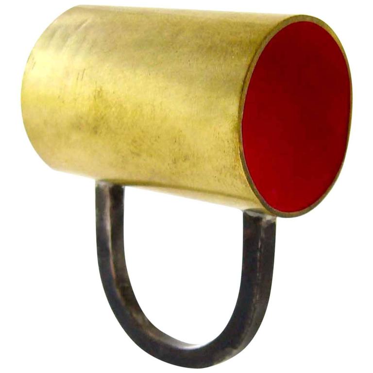 Heidi Abrahamson Enameled Brass Sterling Silver Tube Ring at 1stDibs