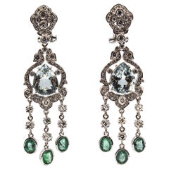 Boucles d'oreilles à clip en or blanc, style Art Déco, diamant blanc, aigue-marine taille poire