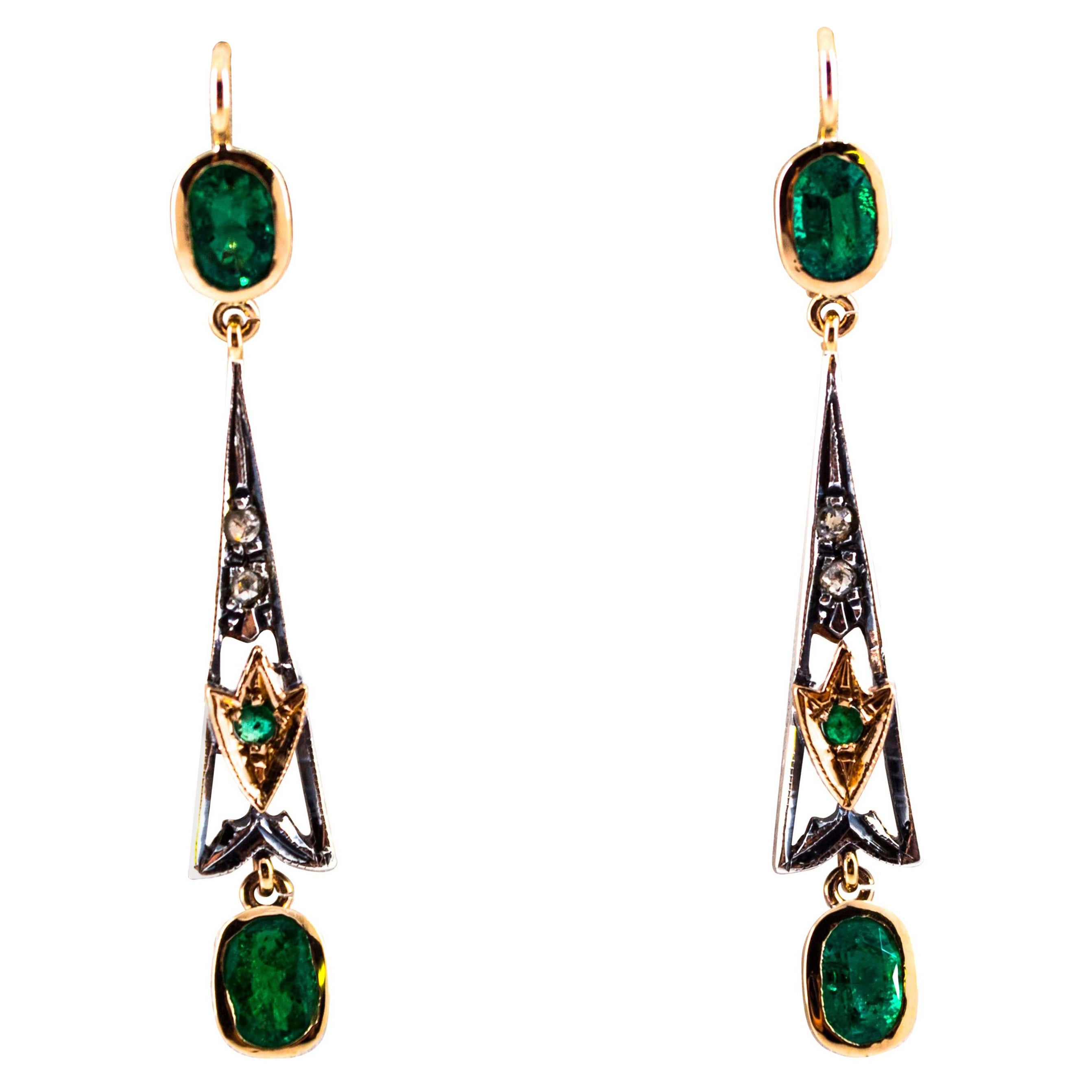 Art Deco Style White Rose Cut Diamond Emerald Yellow Gold Lever-Back Earrings