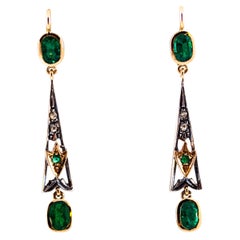 Art Deco Style White Rose Cut Diamond Emerald Yellow Gold Lever-Back Earrings