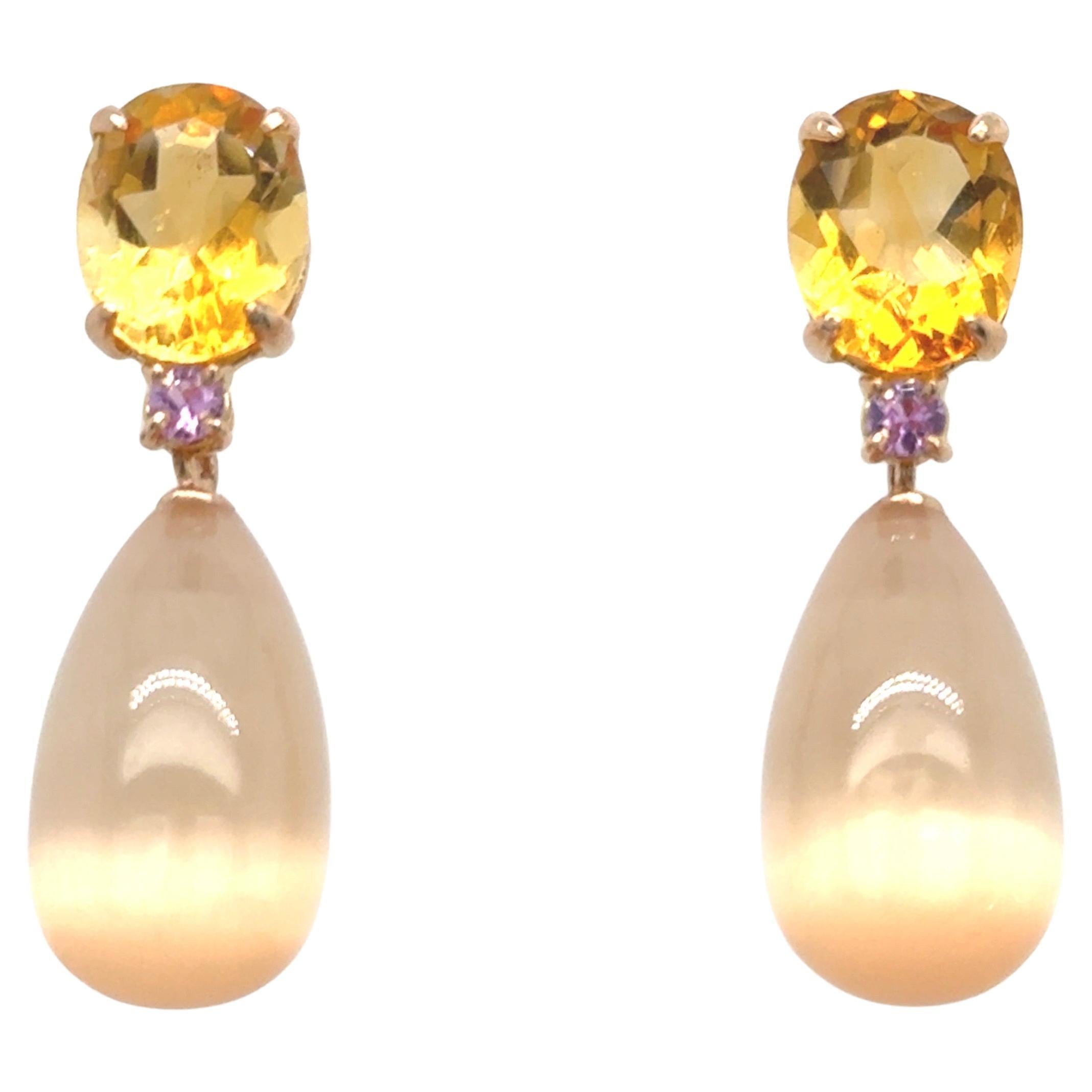 Pendientes Citrino, Piedras Luna Melocotón, Zafiro Rosa y Oro Amarillo 18 Quilates en venta