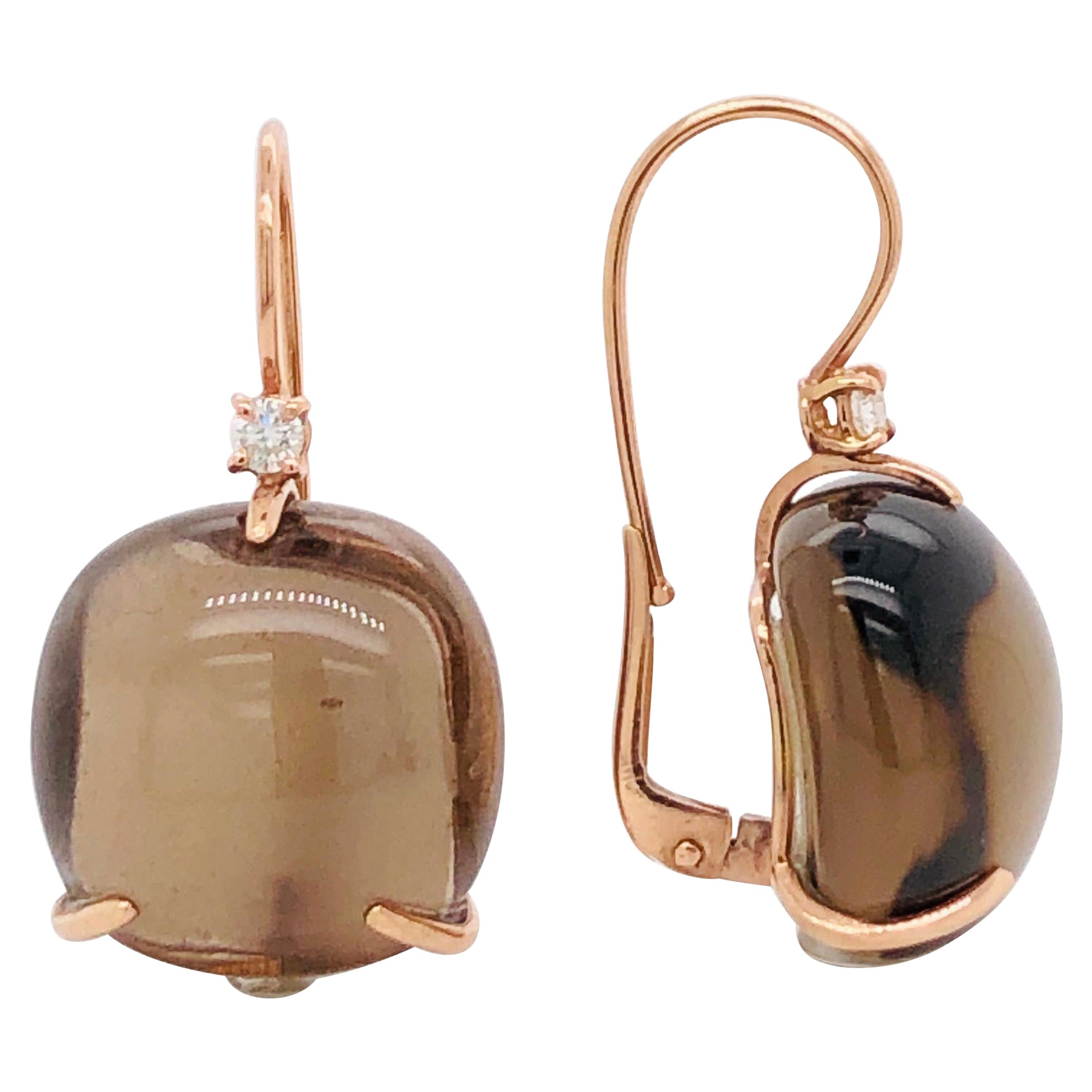 Lever-Back Earrings Smoky Quartz, Diamonds on Pink Gold 18 Carat For Sale