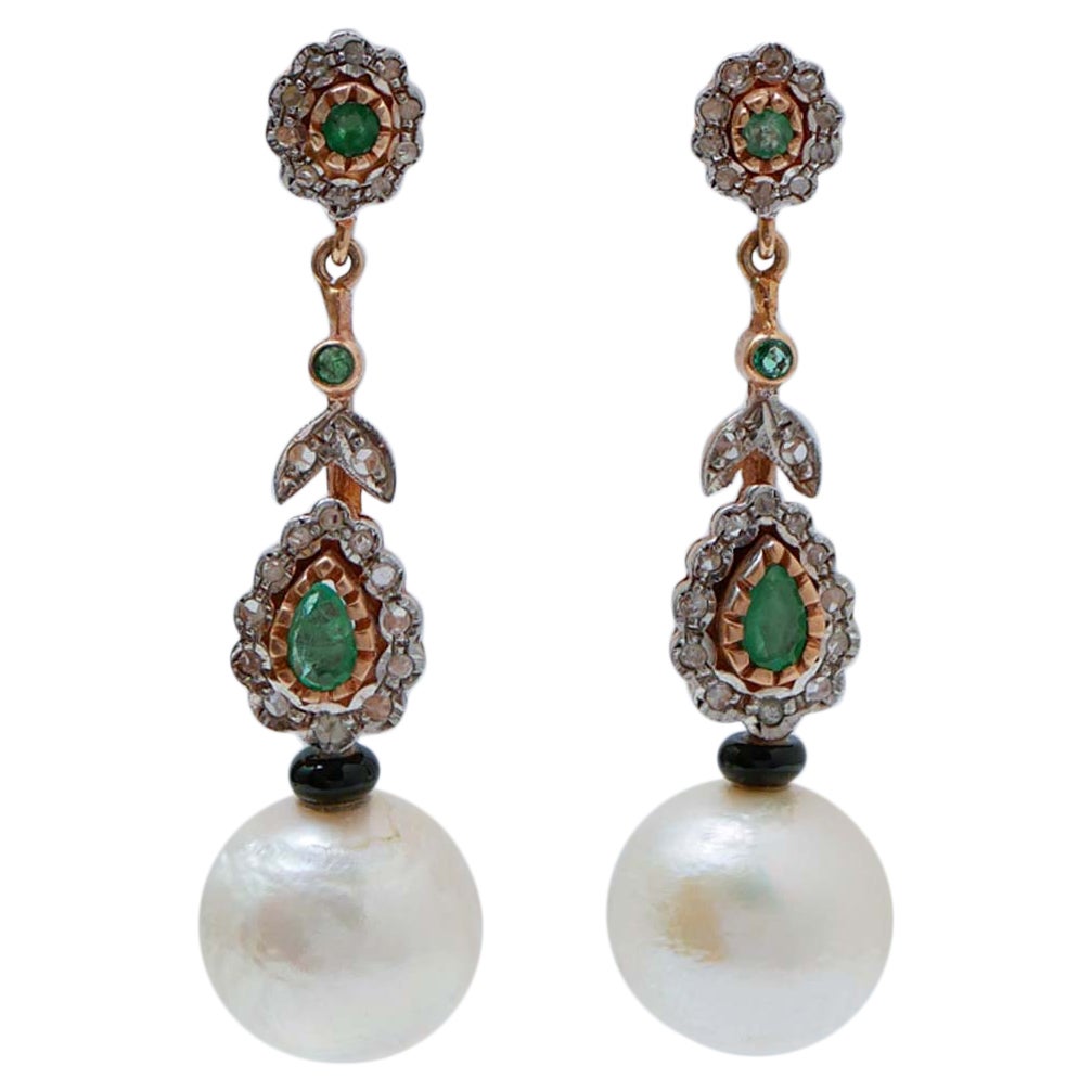 14 Mm White Pearls, Emeralds, Diamonds, Onyx, Rose Gold and Silver Earrings.