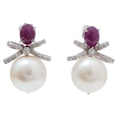 14 Mm Pearls, Rubies, Diamonds, Platinum Earrings