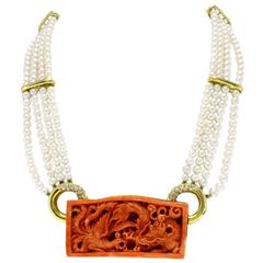 Luise Coral Pearls Diamond Yellow Gold Necklace 4