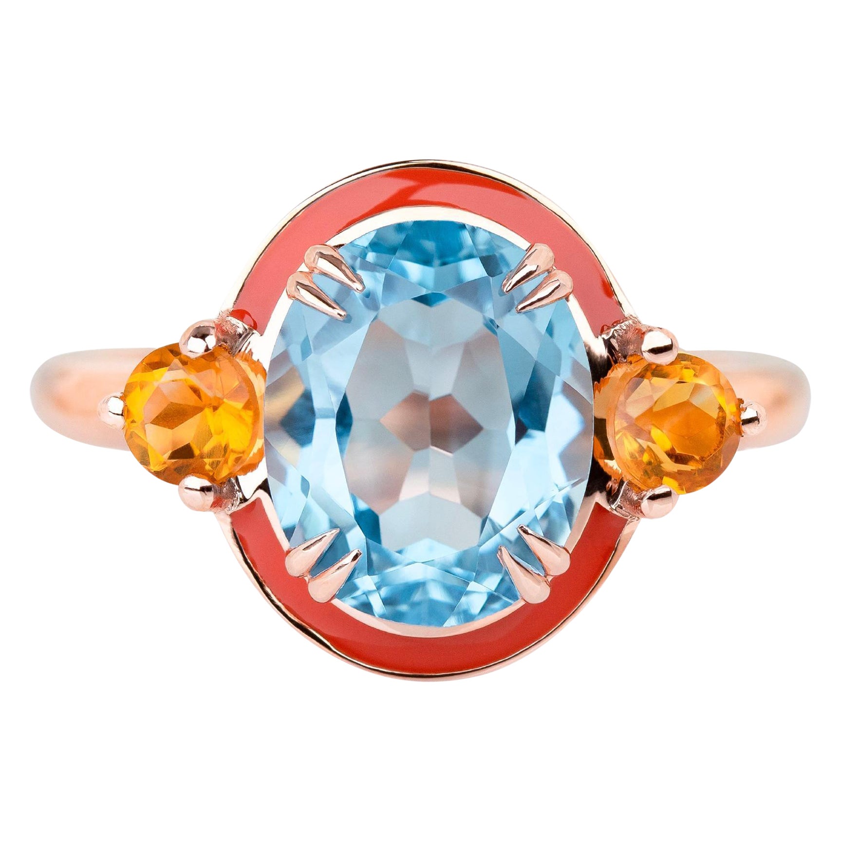 Anillo de Cóctel Esmaltado Estilo Artdeco de Plata 925 con Topacio Celeste y Piedra de Citrino