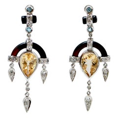 Topaz, Diamonds, Onyx, Platinum Earrings.