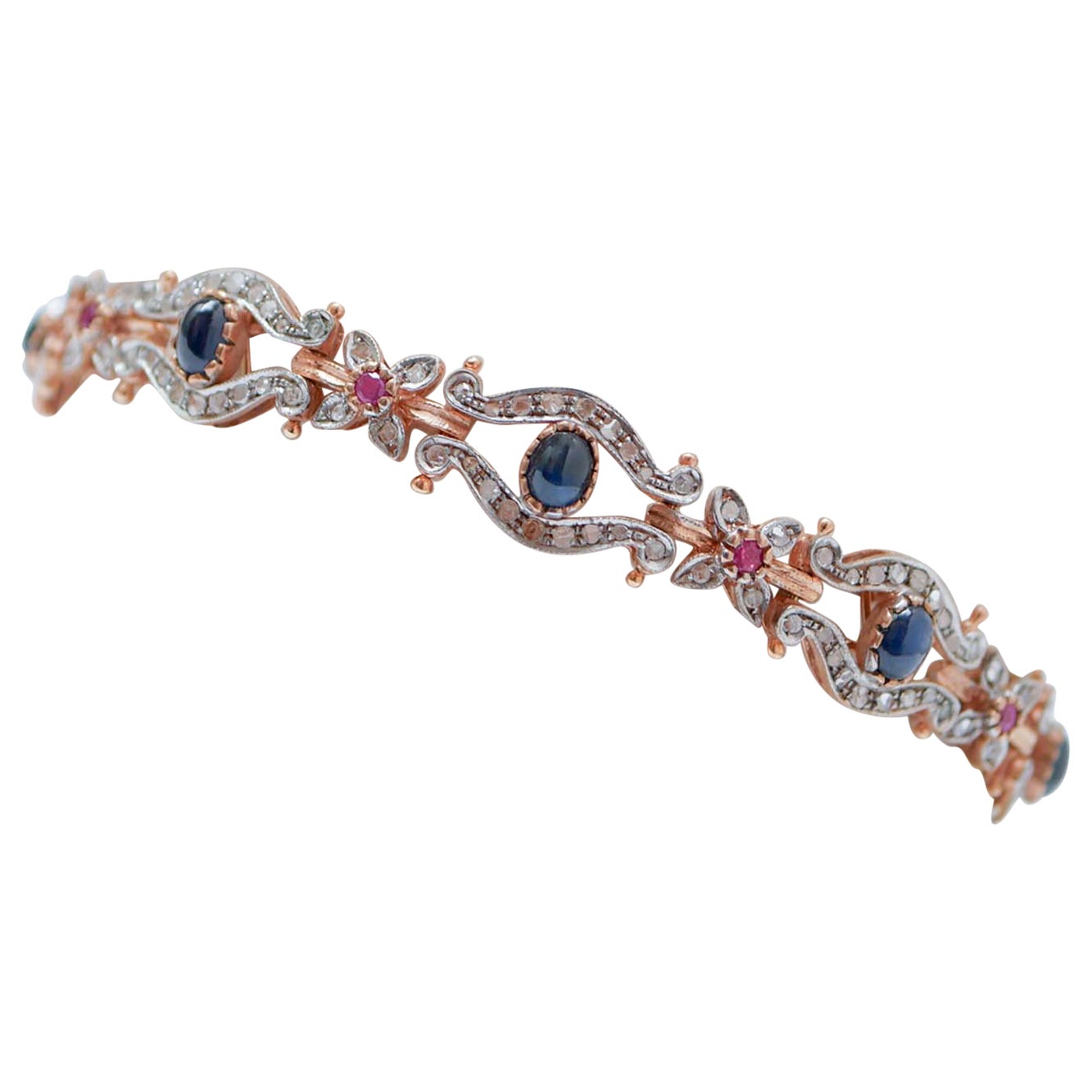 Armband aus Roségold und Silber mit Saphiren, Rubinen, Diamanten und Silber. im Angebot