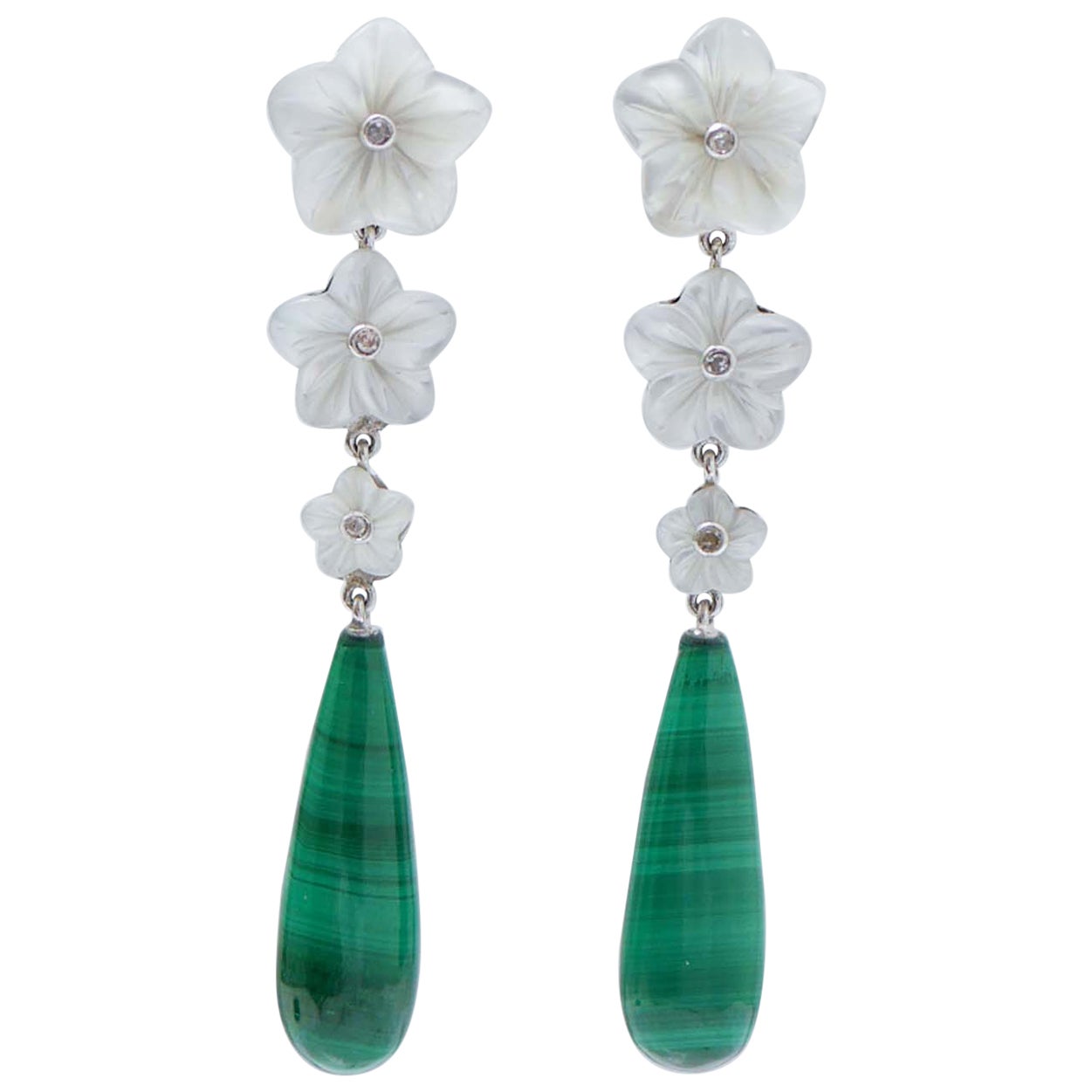 Malakite, White Stones, Diamonds, Platinum Earrings.
