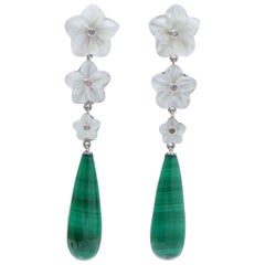Malakita, Piedras Blancas, Diamantes, Pendientes de Platino.