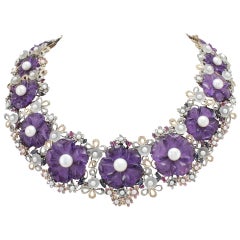  Amethyst Diamond Pearl Choker Gold  Necklace