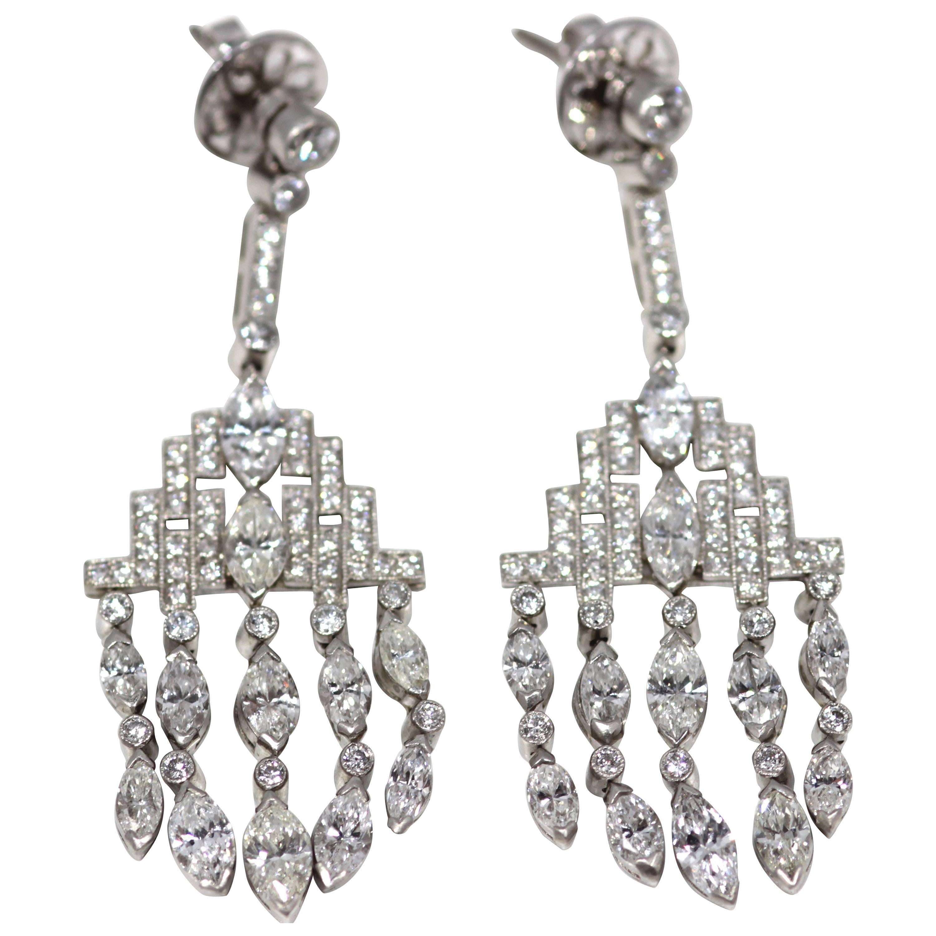 1970s Art Deco Style Diamond Set Platinum Chandelier Drop Earrings For Sale