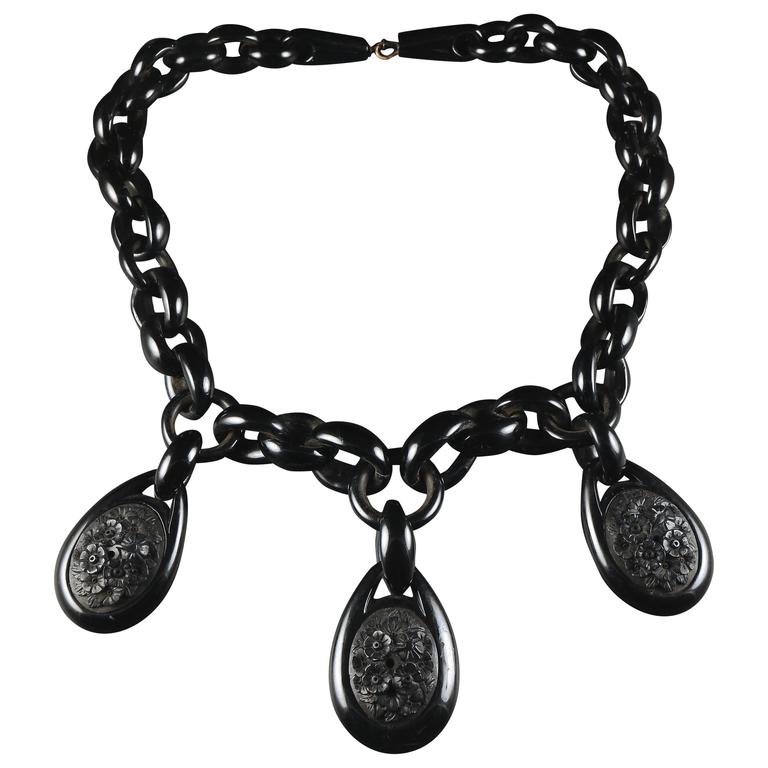 Antique Victorian Whitby Jet Necklace Three Jet Pendants, circa 1860 at 1stdibs