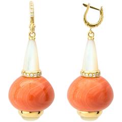 Coral Mother-of-Pearl Diamond Gold Drop Earrings 1