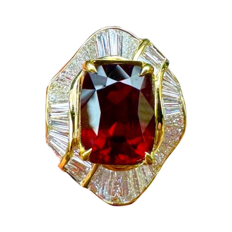 18K Yellow Gold Diamond GIA Certified 12.41 Carat Cushion Cut Red Spinel Ring For Sale