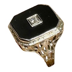 Art Decó Antiguo Diamante Tallado Mina Ónix Negro Anillo Oro Blanco 14K Boda Victoriana