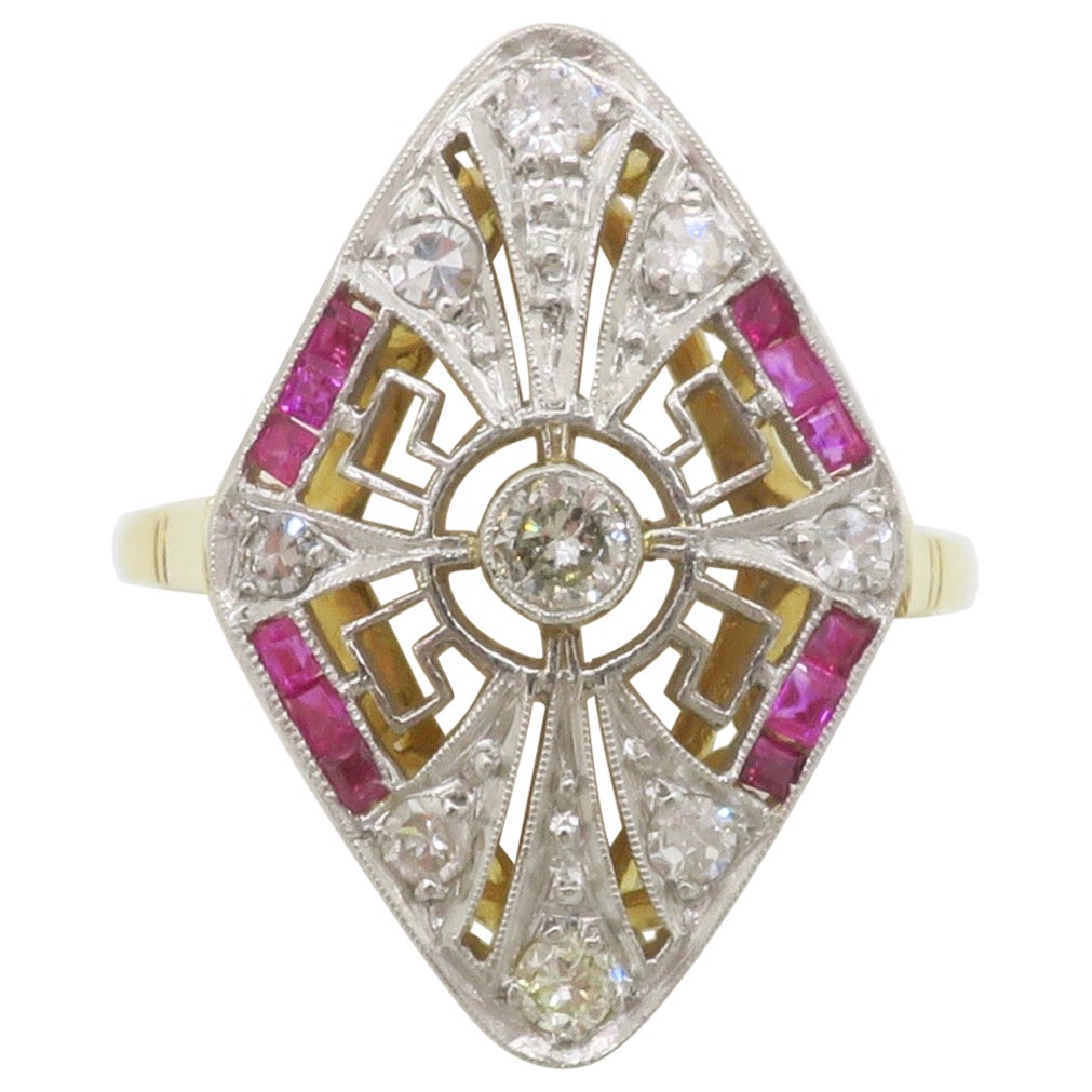 Navette Style Ruby & Diamond Vintage Ring For Sale